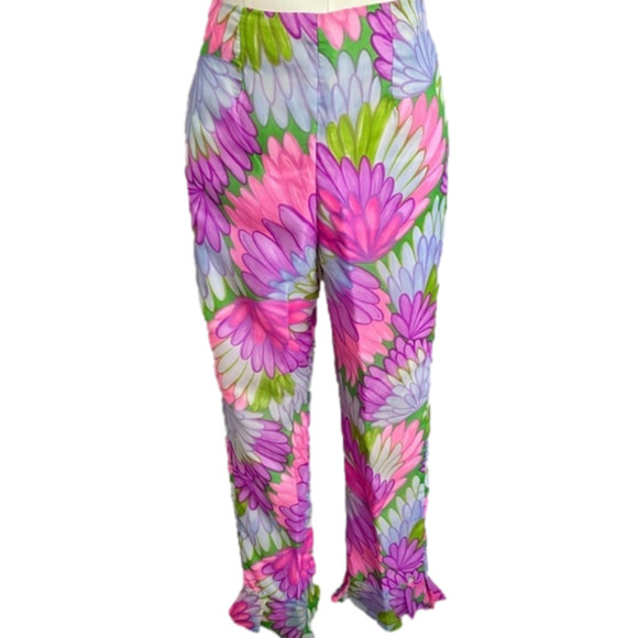 Vintage 60s Pink Purple Floral Hippie Short Sleeve Ruffled Pant Suit - XS/24" - Picture 7 of 16